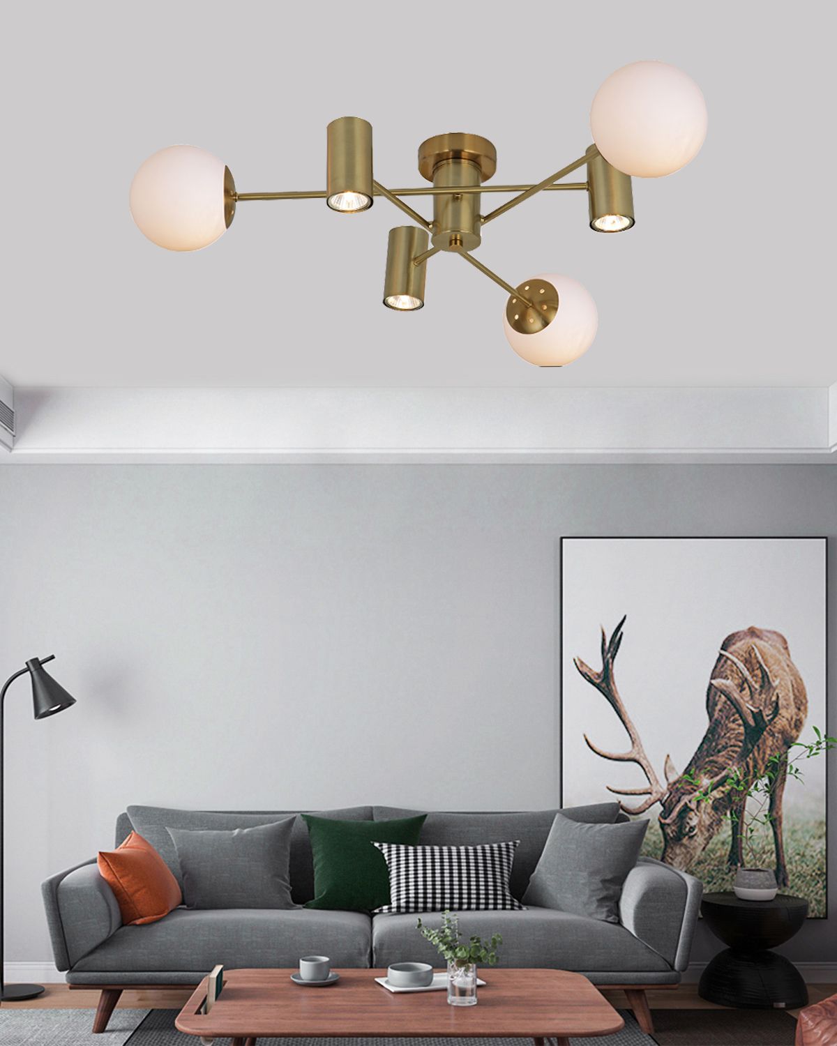 Lustra Aurie Fiore 3 Globuri Albe si Spoturi