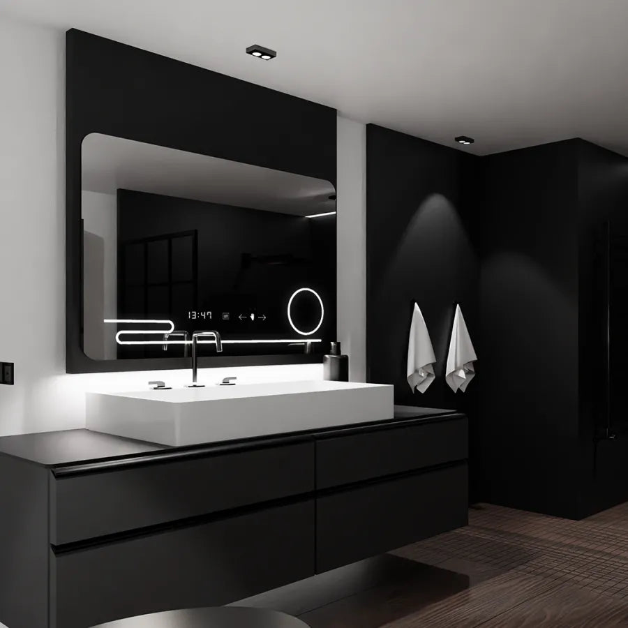 Oglinda LED Rectangulara, 120x80cm, Premium Harmonie MotionGlow Marcello, Sistem Dezaburire, Ceas & Termometru, Lupa Cosmetica, Dimabila