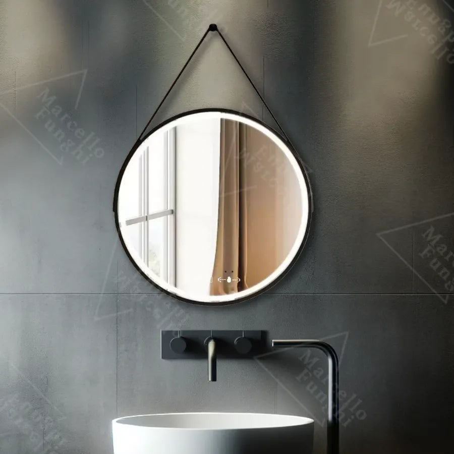 Oglinda LED Rotunda, 50cm, Premium Celeste Majeste Noir Eleve MotionGlow Marcello, Sistem Dezaburire, Ceas & Termometru, Dimabila