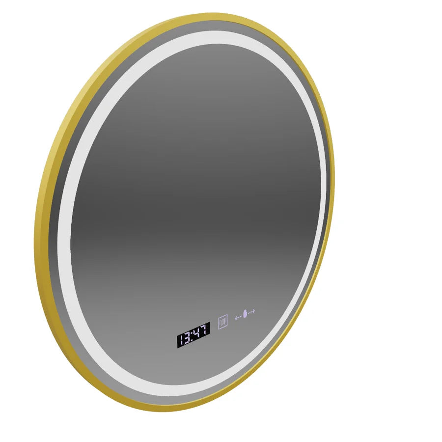 Oglinda LED Rotunda, 60cm, Premium Celeste Royale Gold MotionGlow Marcello, Sistem Dezaburire, Ceas & Termometru, Dimabila