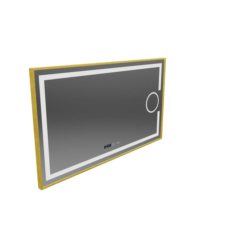 Oglinda LED Rectangulara, 120x80cm, Premium Eclat MotionGlow Marcello, Sistem Dezaburire, Ceas & Termometru, Lupa Cosmetica, Dimabila, Rama Auriu Brushed