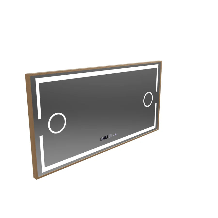 Oglinda LED Senzor MotionGlow Premium Isabell, 120x80 cm, Dezaburire Termometru Ceas, Lumina Calda/Rece/Neutra Dimabila, Rama Rose Gold Brushed