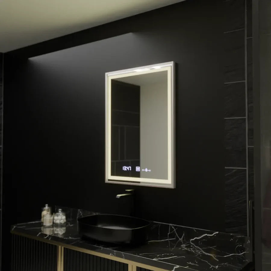 Oglinda LED Rectangulara, 60x80cm, Premium Verite Imperial Silver Motion Glow Marcello, Sistem Dezaburire, Ceas & Termometru, Dimabila