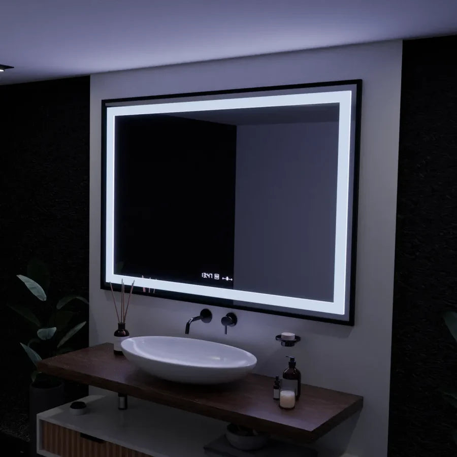 Oglinda LED Rectangulara, 100x65cm, Premium Verite Majeste Noir Motion Glow Marcello, Sistem Dezaburire, Ceas & Termometru, Dimabila