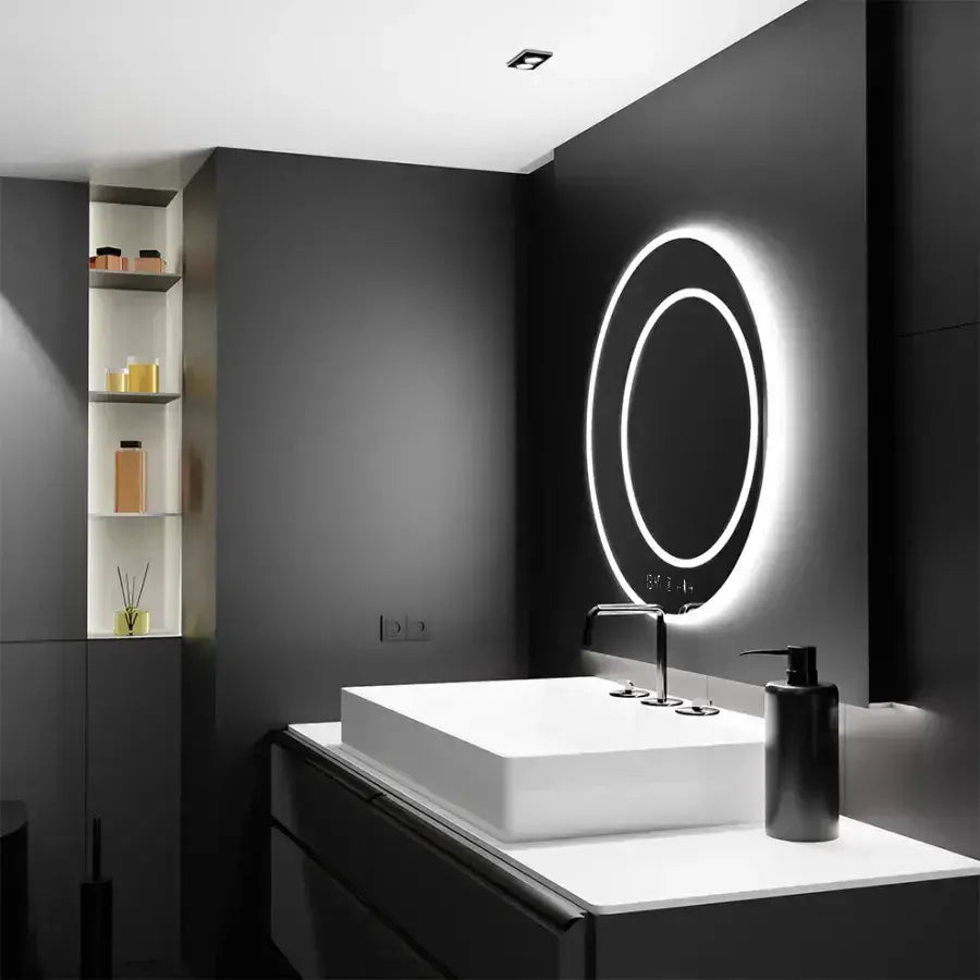 Oglinda LED Rotunda, 60cm, Premium July Touch Marcello, Sistem Dezaburire, Ceas & Termometru, Dimabila