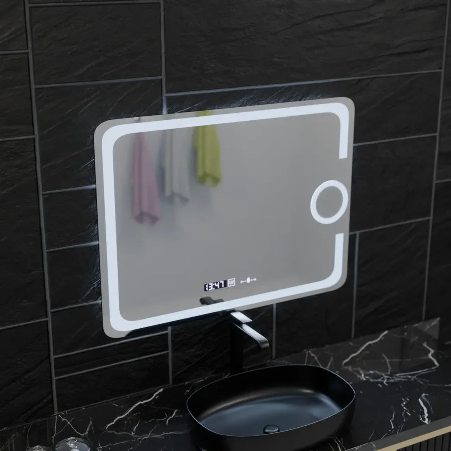 Oglinda LED Rectangulara, 80x60cm, Premium Eclat MotionGlow Marcello, Sistem Dezaburire, Ceas & Termometru, Lupa Cosmetica, Dimabila