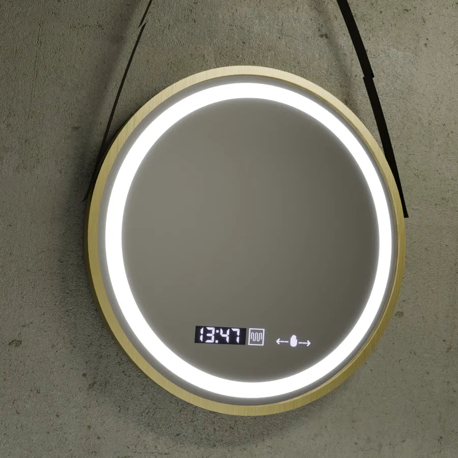 Oglinda LED Rotunda, 60cm, Premium Celeste Royale Gold Eleve MotionGlow Marcello, Sistem Dezaburire, Ceas & Termometru, Dimabila, Curea Detasabila
