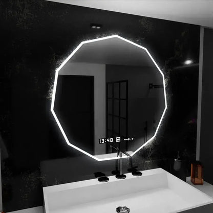 Oglinda LED Poligon, 70cm, Premium Judith Senzor MotionGlow Marcello, Sistem Dezaburire, Ceas &amp; Termometru, Dimabila