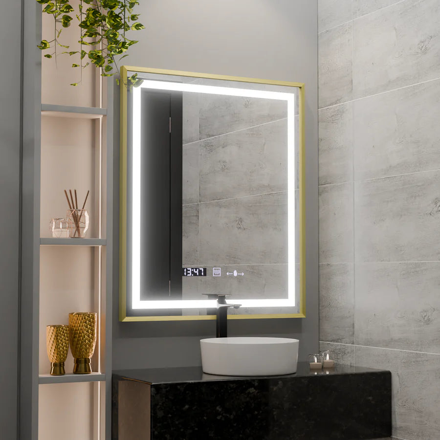 Oglinda LED Rectangulara, 75x90cm, Premium Verite Royale Gold MotionGlow Marcello, Sistem Dezaburire, Ceas &amp; Termometru, Dimabila