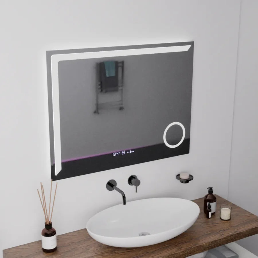 Oglinda LED Rectangulara, 80x60cm, Premium Precision MotionGlow Marcello, Sistem Dezaburire, Ceas &amp; Termometru, Lupa Cosmetica, Dimabila