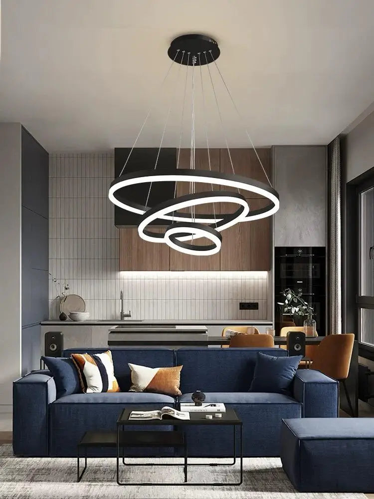 Lustra LED Neagra Emilia, 3 Cercuri, Telecomandă, 144W