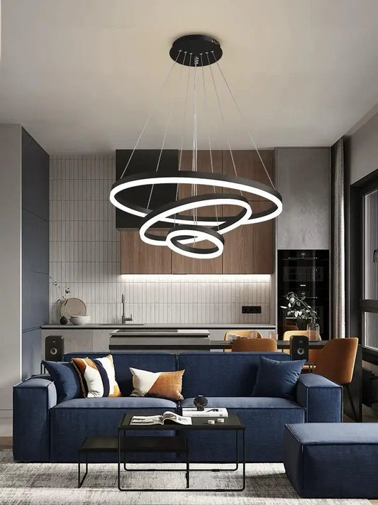 Lustra LED Neagra Emilia, 3 Cercuri, Telecomandă, 144W