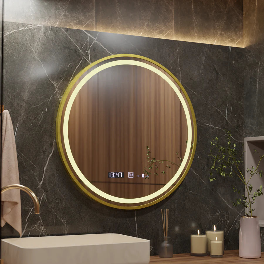 Oglinda LED Rotunda, 80cm, Celeste Royale Premium Gold MotionGlow Marcello, Sistem Dezaburire, Ceas &amp; Termometru, Dimabila