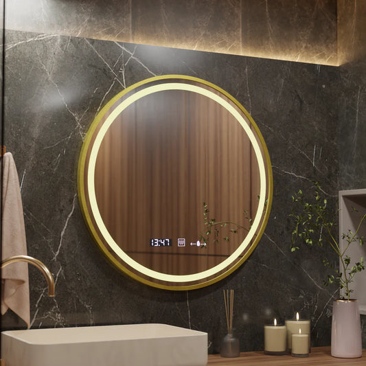Oglinda LED Rotunda, 80cm, Celeste Royale Premium Gold MotionGlow Marcello, Sistem Dezaburire, Ceas &amp; Termometru, Dimabila