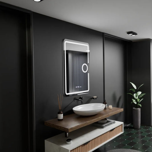 Oglinda LED Rectangulara, 50x70cm, Premium Eclat MotionGlow Marcello, Sistem Dezaburire, Ceas &amp; Termometru, Lupa Cosmetica, Dimabila