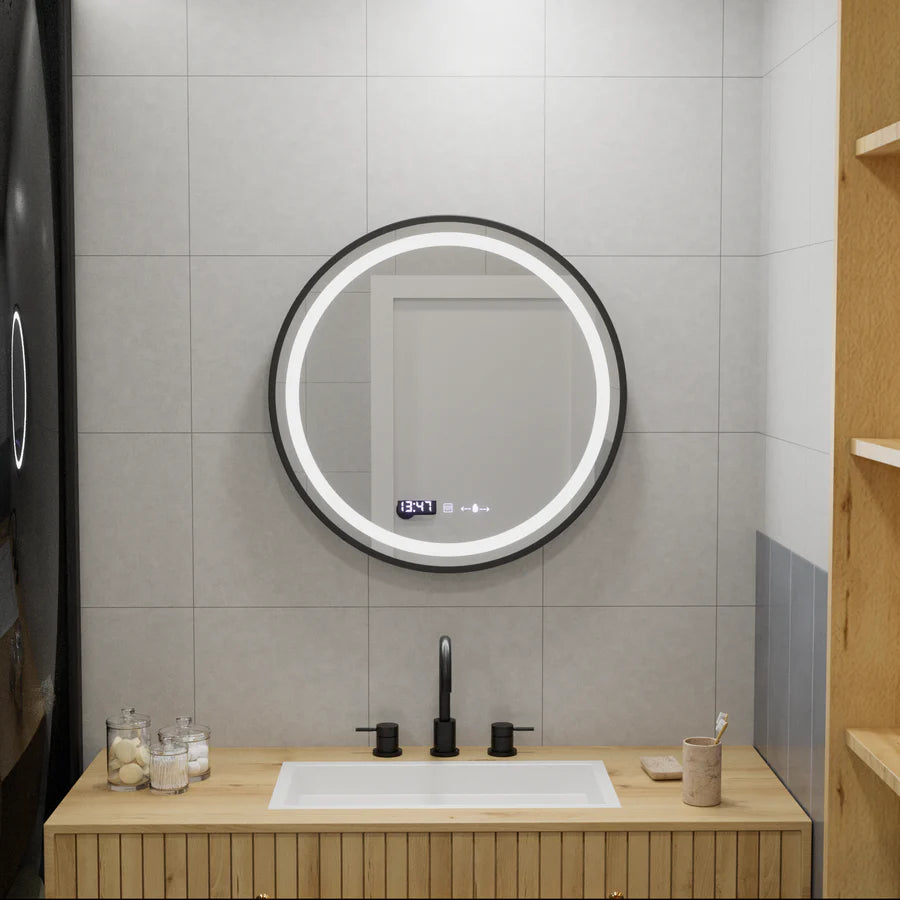 Oglinda LED Rotunda, 60cm, Premium Celeste Majeste Noir MotionGlow Marcello, Sistem Dezaburire, Ceas &amp; Termometru, Dimabila