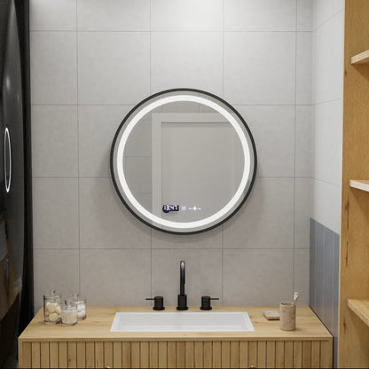 Oglinda LED Rotunda, 60cm, Premium Celeste Majeste Noir MotionGlow Marcello, Sistem Dezaburire, Ceas &amp; Termometru, Dimabila