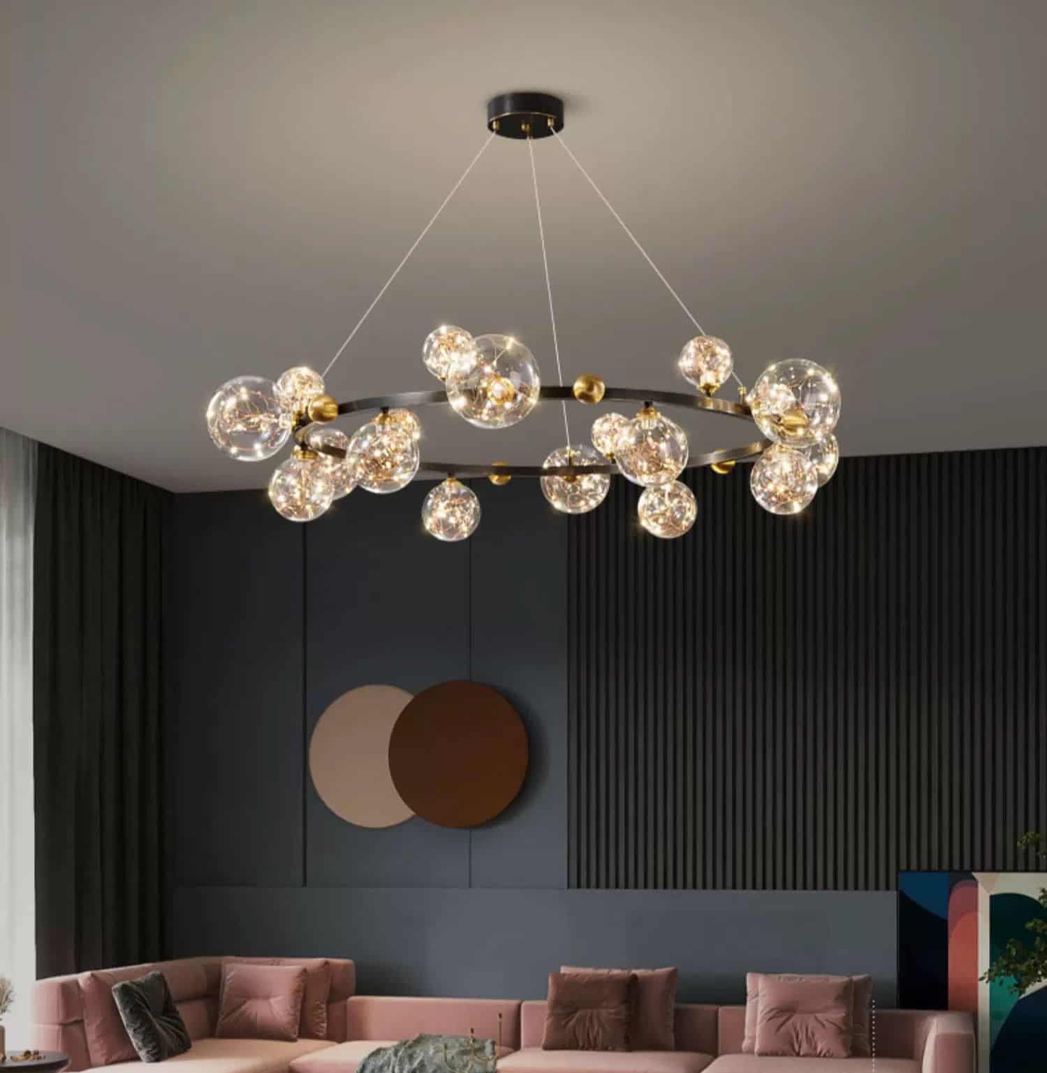 Lustra LED Neagra Rhes cu 15 Globuri Transparente 100W 1050×H1000mm