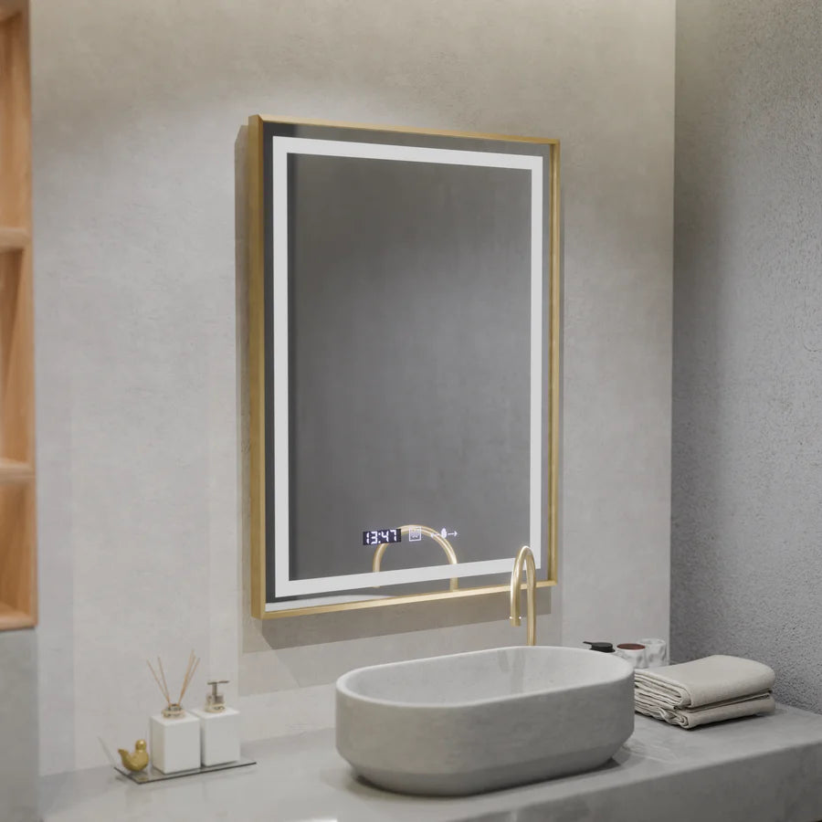 Oglinda LED Rectangulara, 60x80cm, Premium Verite Royale Gold MotionGlow Marcello, Sistem Dezaburire, Ceas &amp; Termometru, Dimabila