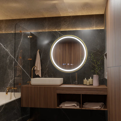 Oglinda LED Rotunda, 60cm, Premium Celeste Royale Gold MotionGlow Marcello, Sistem Dezaburire, Ceas &amp; Termometru, Dimabila