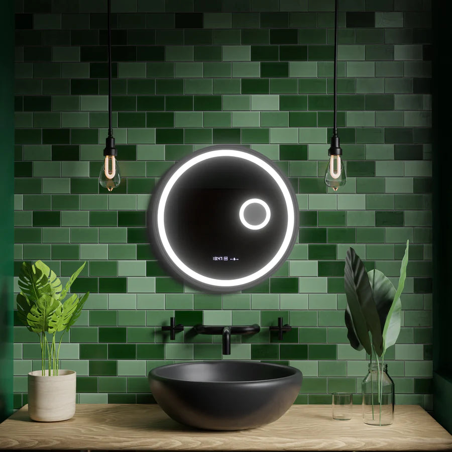 Oglinda LED Rotunda, 60cm, Premium Micah Senzor MotionGlow Marcello, Sistem Dezaburire, Ceas &amp; Termometru, Lupa Cosmetica, Dimabila