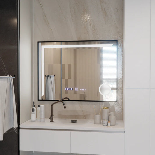 Oglinda LED Senzor MotionGlow Francesca 80x60 cm Premium Lumina Calda/Rece/Neutra Dimabila Rama Negru Brushed, Dezaburire Termometru Ceas