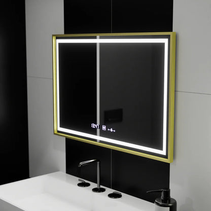 Oglinda LED Rectangulara, 120x80cm, Premium Verite Royale Gold MotionGlow Marcello, Sistem Dezaburire, Ceas &amp; Termometru, Dimabila