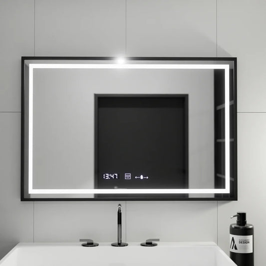 Oglinda LED Rectangulara, 100x80cm, Premium Verite Majeste Noir MotionGlow Marcello, Sistem Dezaburire, Ceas &amp; Termometru, Dimabila