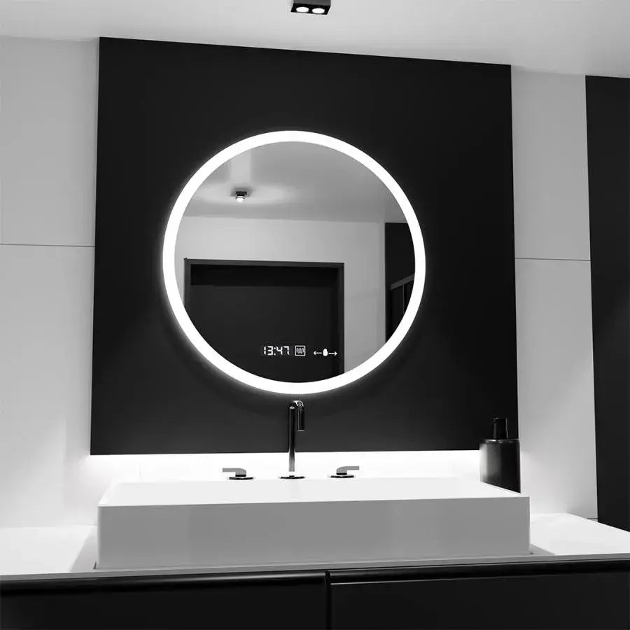 Oglinda LED Rotunda, 70cm, Premium Elysee MotionGlow Marcello, Sistem Dezaburire, Ceas &amp; Termometru, Dimabila