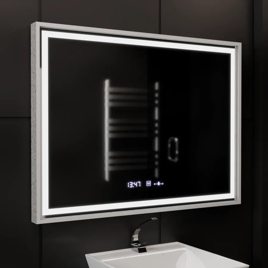 Oglinda LED Rectangulara, 80x60cm, Premium Verite Imperial Silver Motion Glow Marcello, Sistem Dezaburire, Ceas &amp; Termometru, Dimabila
