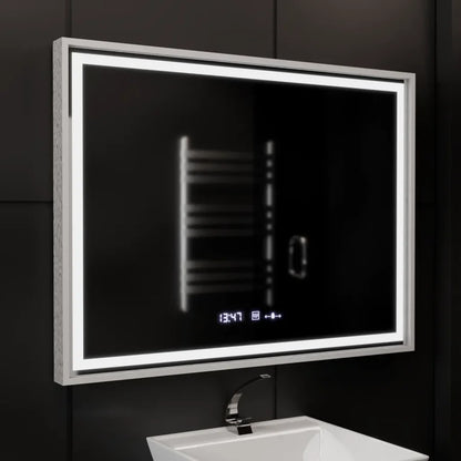 Oglinda LED Rectangulara, 80x60cm, Premium Verite Imperial Silver Motion Glow Marcello, Sistem Dezaburire, Ceas &amp; Termometru, Dimabila