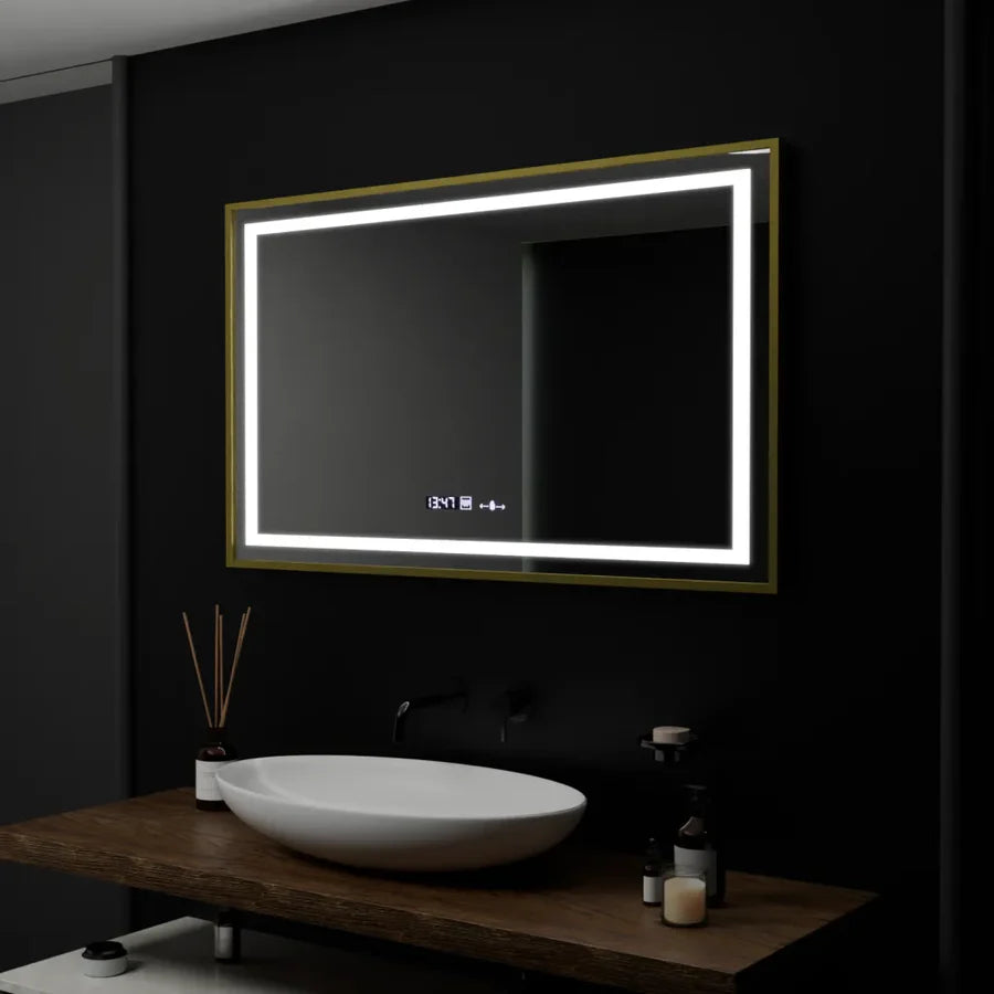 Oglinda LED Rectangulara, 100x80cm, Premium Verite Royale Gold Motion Glow Marcello, Sistem Dezaburire, Ceas &amp; Termometru, Dimabila