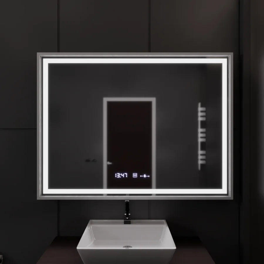 Oglinda LED Rectangulara, 120x80cm, Premium Verite Imperial Silver Motion Glow Marcello, Sistem Dezaburire, Ceas &amp; Termometru, Dimabila