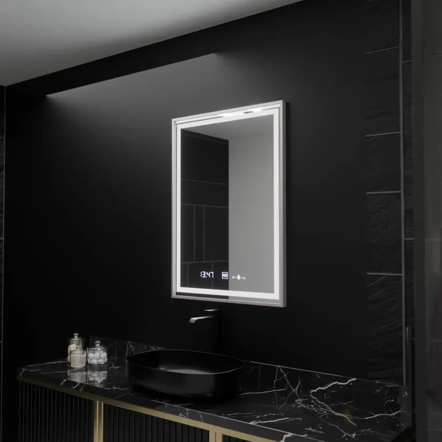 Oglinda LED Rectangulara, 60x80cm, Premium Verite Imperial Silver Motion Glow Marcello, Sistem Dezaburire, Ceas &amp; Termometru, Dimabila