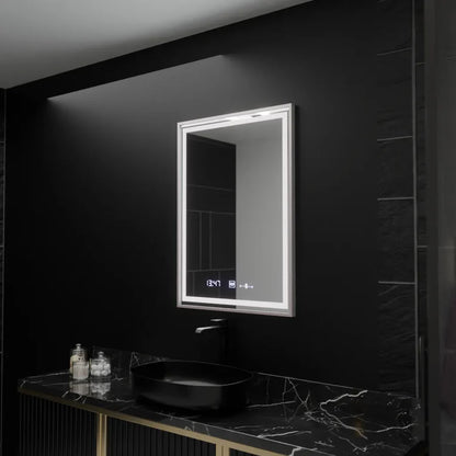 Oglinda LED Rectangulara, 60x80cm, Premium Verite Imperial Silver Motion Glow Marcello, Sistem Dezaburire, Ceas &amp; Termometru, Dimabila