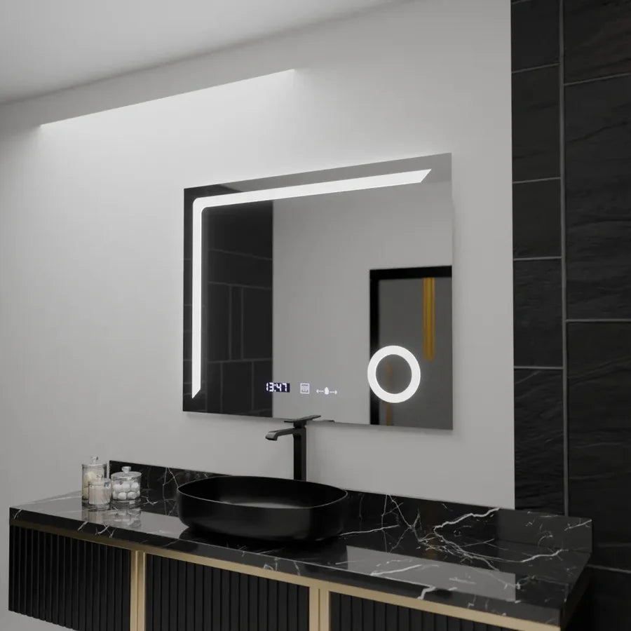 Oglinda LED Rectangulara, 100x80cm, Premium Precision MotionGlow Marcello, Sistem Dezaburire, Ceas &amp; Termometru, Lupa Cosmetica, Dimabila