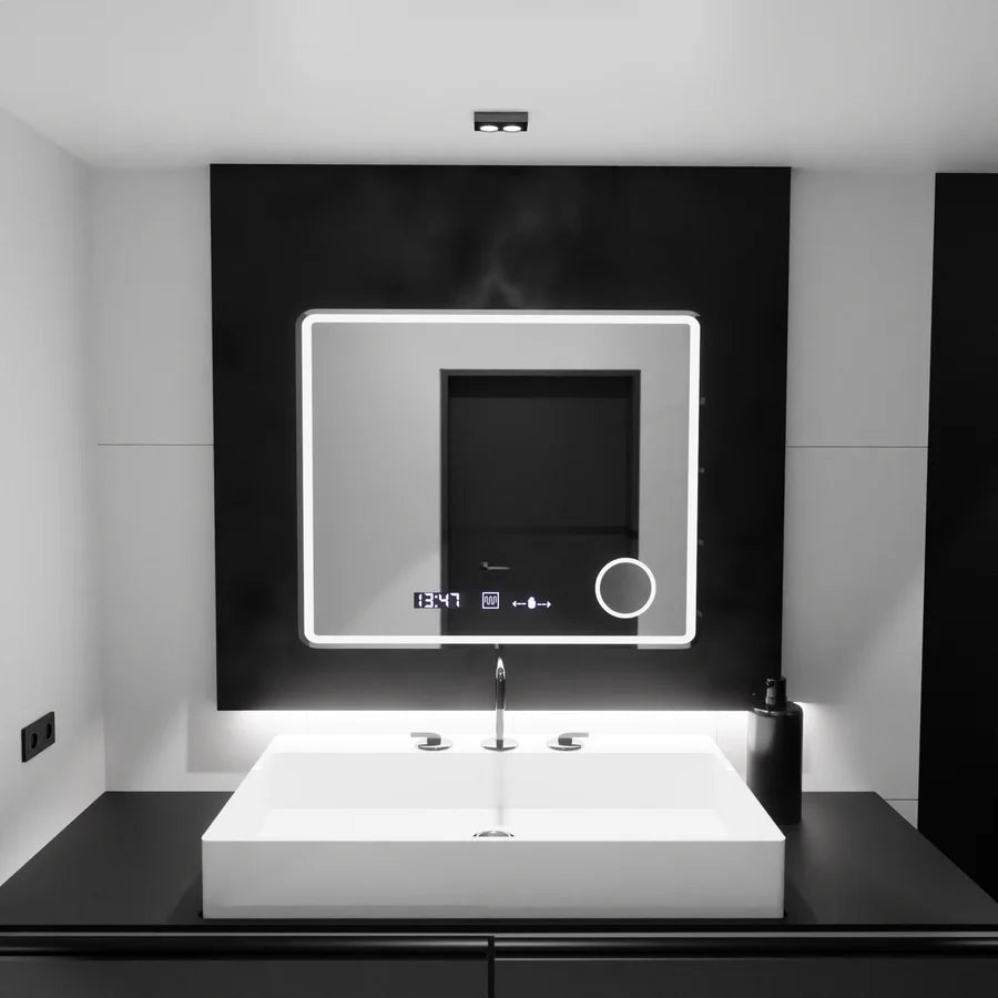 Oglinda LED Rectangulara, 90x75cm, Premium Riflesso MotionGlow Marcello, Sistem Dezaburire, Ceas &amp; Termometru, Lupa Cosmetica, Dimabila