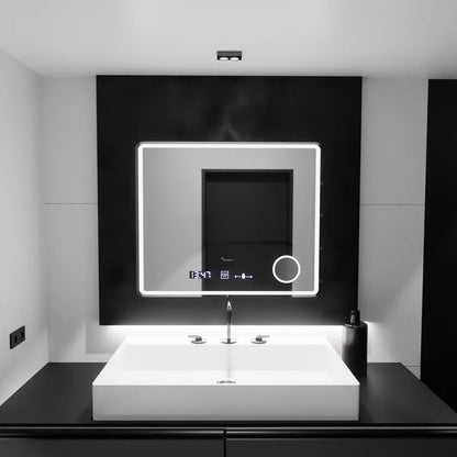 Oglinda LED Rectangulara, 90x75cm, Premium Riflesso MotionGlow Marcello, Sistem Dezaburire, Ceas &amp; Termometru, Lupa Cosmetica, Dimabila