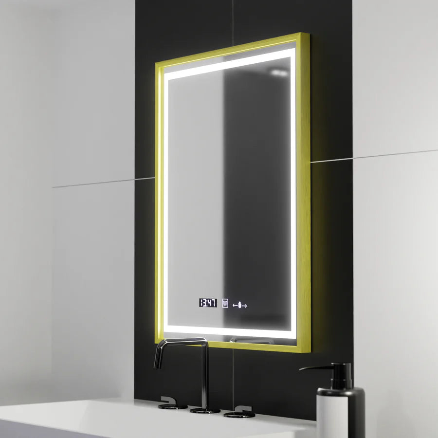 Oglinda LED Rectangulara, 50x70cm, Premium Verite Royale Gold Motion Glow Marcello, Sistem Dezaburire, Ceas &amp; Termometru, Dimabila