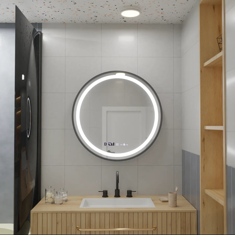 Oglinda LED Rotunda, 80cm, Premium Celeste Majesté Noir MotionGlow Marcello, Sistem Dezaburire, Ceas &amp; Termometru, Dimabila