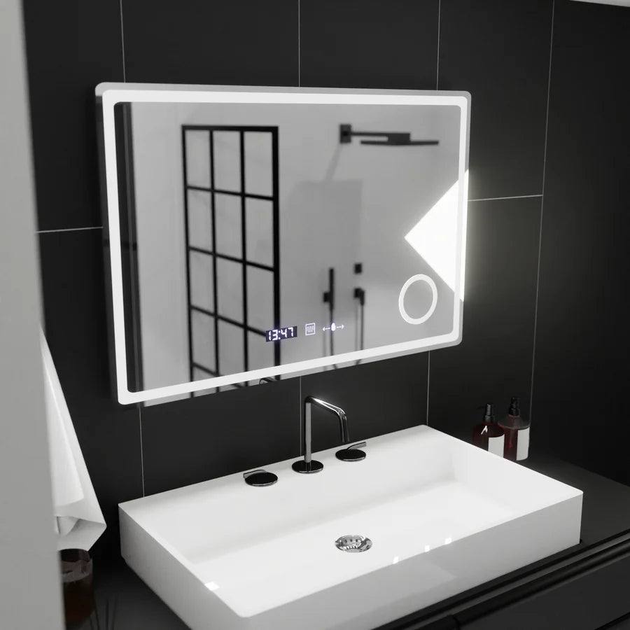 Oglinda LED Rectangulara, 90x60cm, Premium Velour MotionGlow Marcello, Sistem Dezaburire, Ceas &amp; Termometru, Lupa Cosmetica, Dimabila