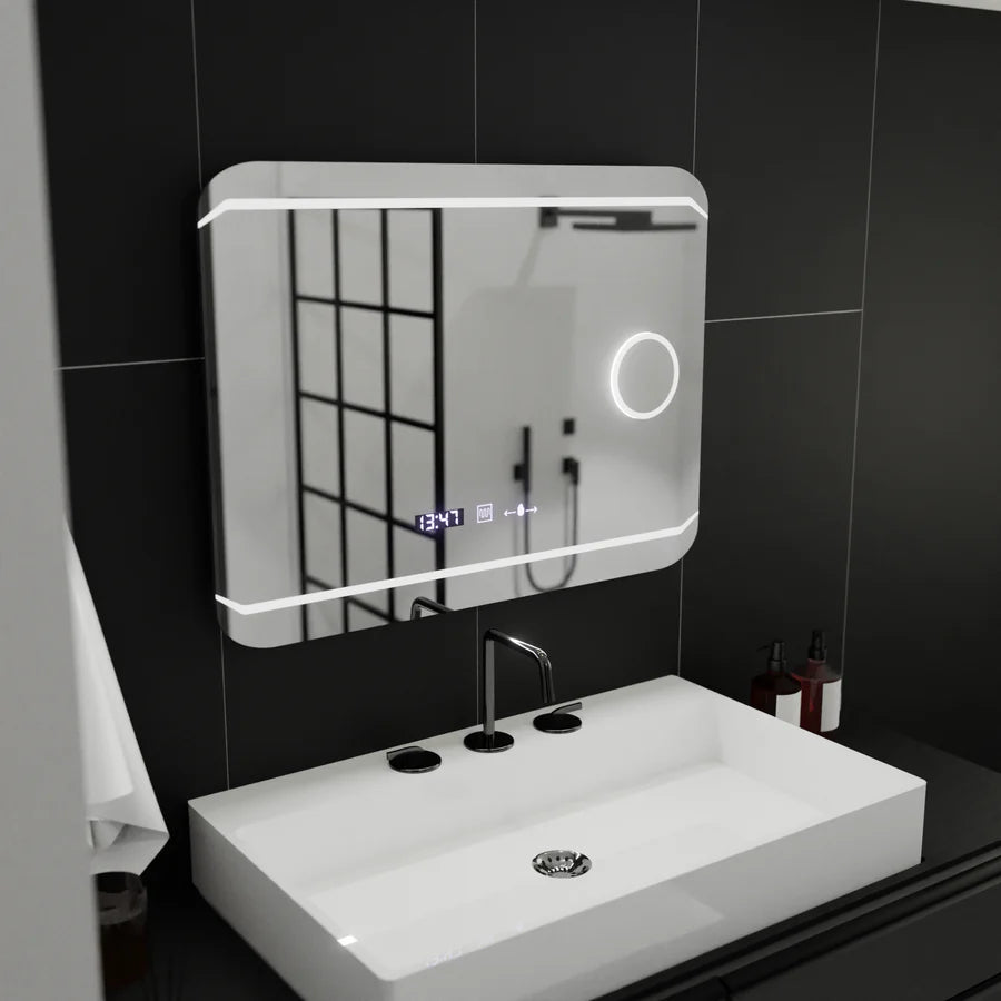 Oglinda LED Rectangulara, 80x60cm, Premium Stile MotionGlow Marcello, Sistem Dezaburire, Ceas &amp; Termometru, Lupa Cosmetica, Dimabila