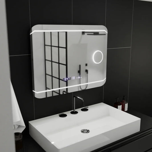 Oglinda LED Rectangulara, 80x60cm, Premium Stile MotionGlow Marcello, Sistem Dezaburire, Ceas &amp; Termometru, Lupa Cosmetica, Dimabila
