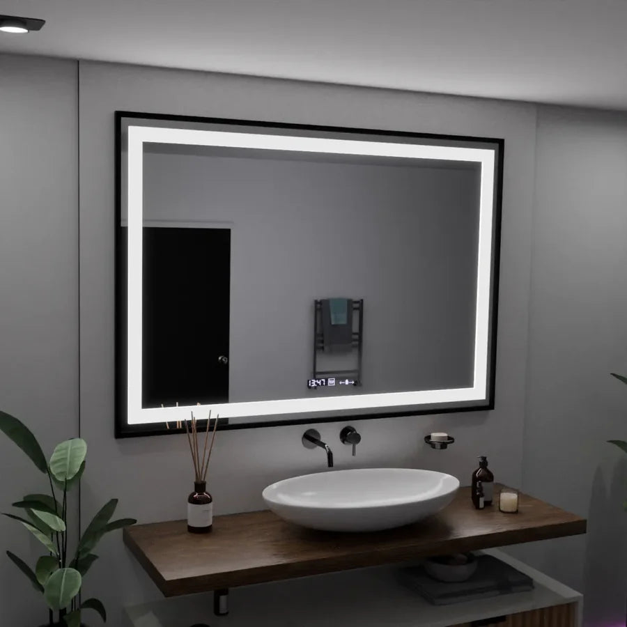 Oglinda LED Rectangulara, 100x65cm, Premium Verite Majeste Noir Motion Glow Marcello, Sistem Dezaburire, Ceas &amp; Termometru, Dimabila