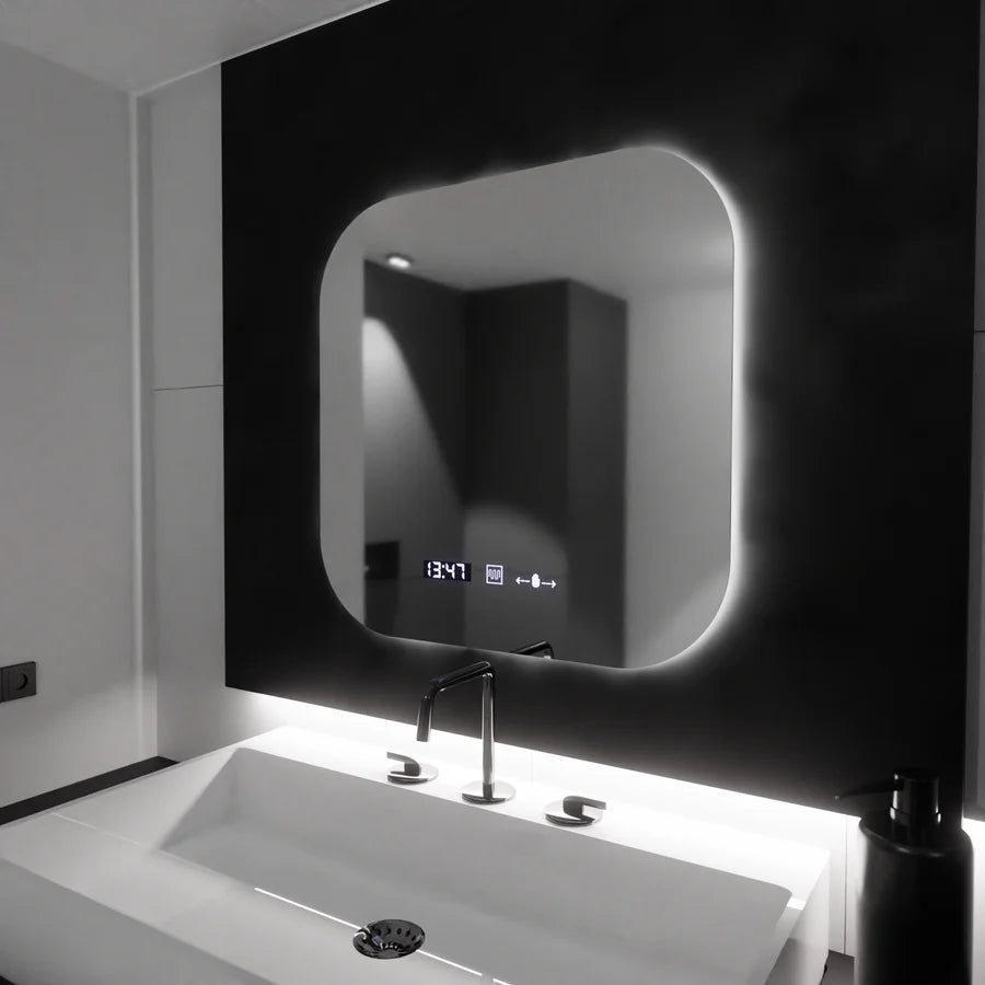Oglinda LED Rectangulara 60x60 Premium Aura Riflesso Puro MotionGlow Marcello, Sistem Dezaburire, Termometru si Ceas, Dimabila