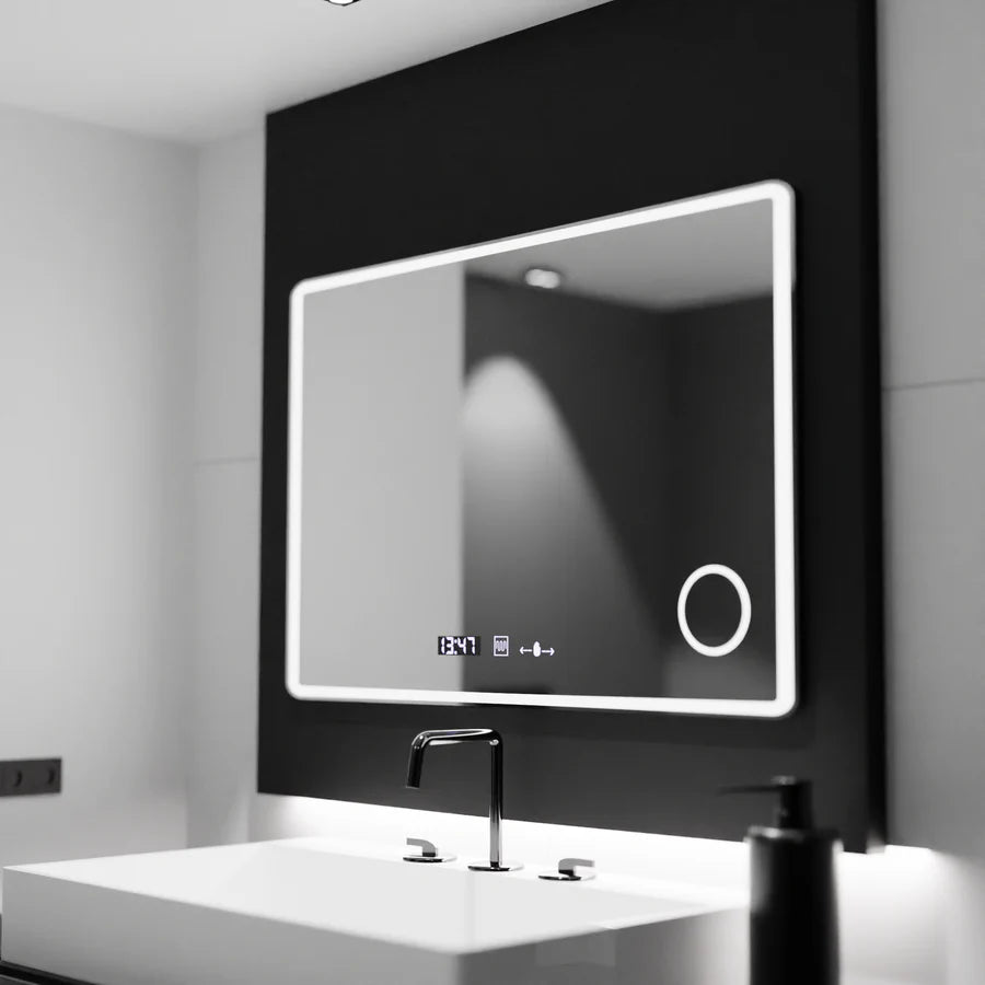 Oglinda LED Rectangulara 120x80 Premium Aura Riflesso Puro MotionGlow Marcello, Sistem Dezaburire, Termometru si Ceas, Dimabila