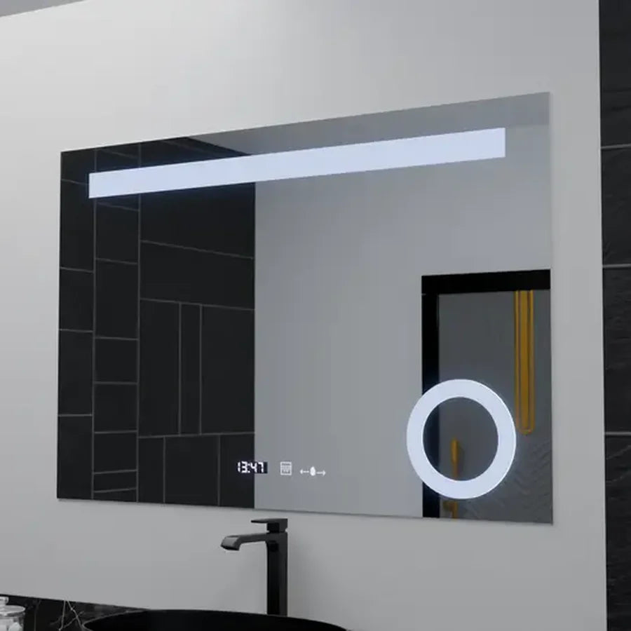Oglinda LED Rectangulara, 100x75cm, Premium ABSOLU MotionGlow Marcello, Sistem Dezaburire, Ceas &amp; Termometru, Lupa Cosmetica, Dimabila