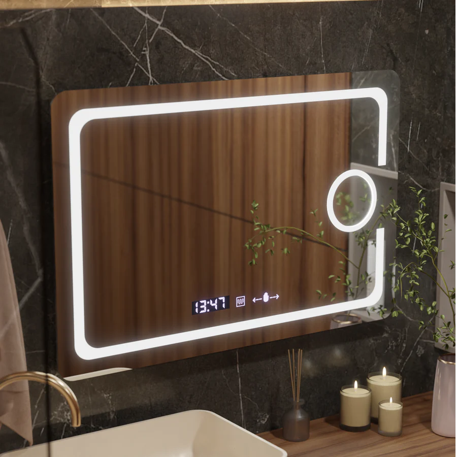 Oglinda LED Rectangulara, 120x80cm, Premium Eclat MotionGlow Marcello, Sistem Dezaburire, Ceas &amp; Termometru, Lupa Cosmetica, Dimabila