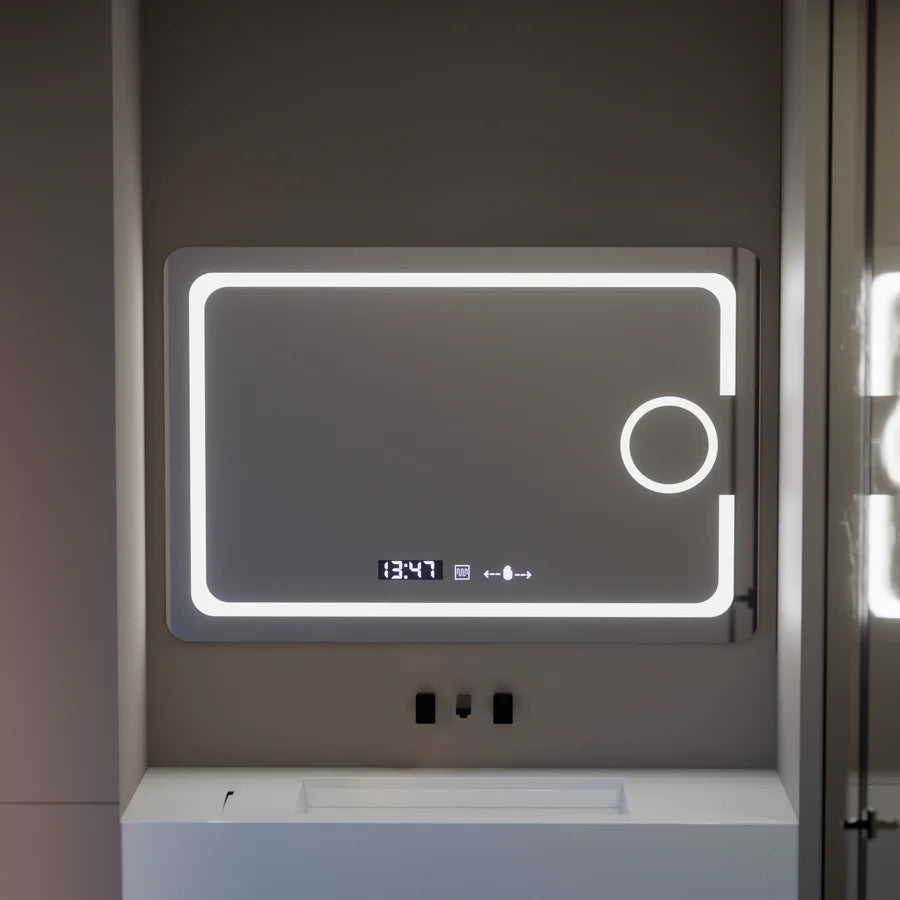 Oglinda LED Rectangulara, 110x75cm, Premium Eclat MotionGlow Marcello, Sistem Dezaburire, Ceas &amp; Termometru, Lupa Cosmetica, Dimabila