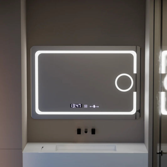 Oglinda LED Rectangulara, 110x75cm, Premium Eclat MotionGlow Marcello, Sistem Dezaburire, Ceas &amp; Termometru, Lupa Cosmetica, Dimabila